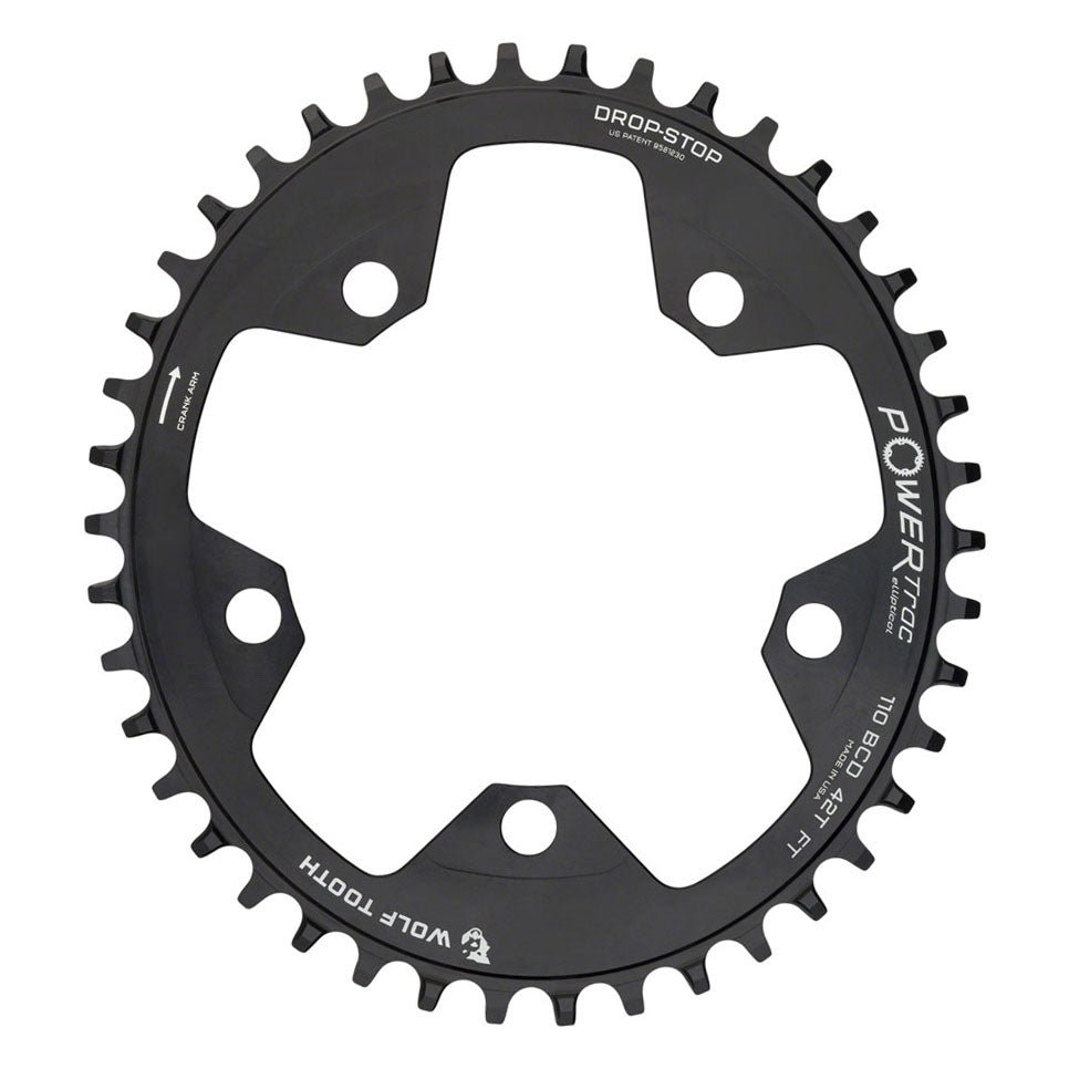 Chainrings Wolf Tooth Wolf Tooth Elliptical 110 BCD Chainring - 42t 110 BCD 5-Bolt Drop-Stop 10/11/12-Speed Eagle Flattop Compatible BLK Dark Slate Gray