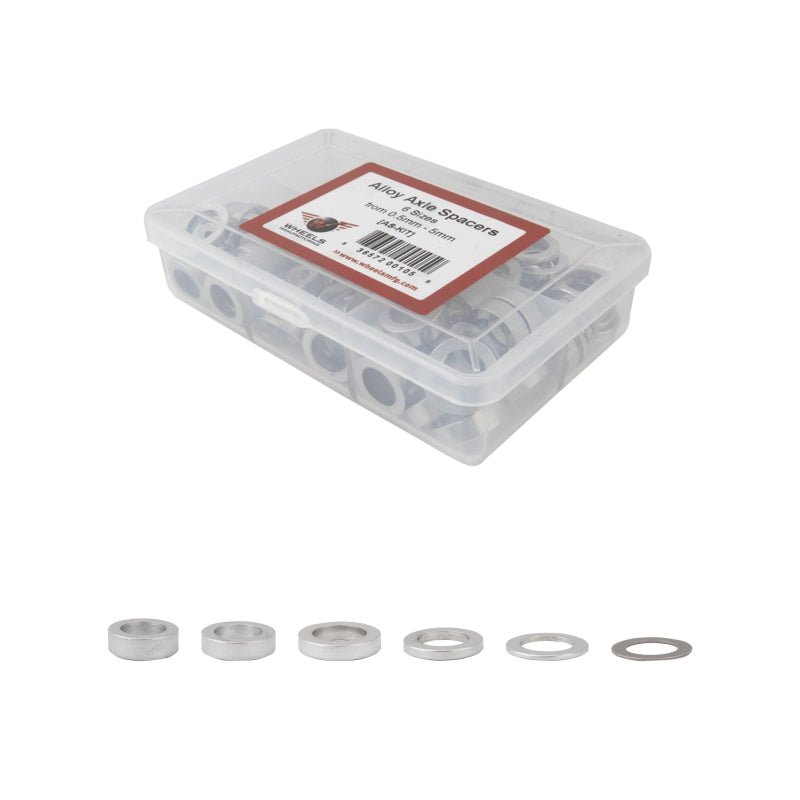 Axles & Axle Parts Wheels Manufacturing Wheels Manufacturing Kit of six assorted sizes .5 to 5mm 125 Spacers in storage box Light Gray