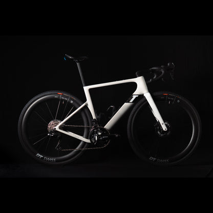 3T Racemax Italia size 54 in Pearl White, equipped with 50mm DT Swiss GRC 1400 wheels and Shimano GRX Di2 12-speed electronic drivetrain, photographed against a sleek black background.