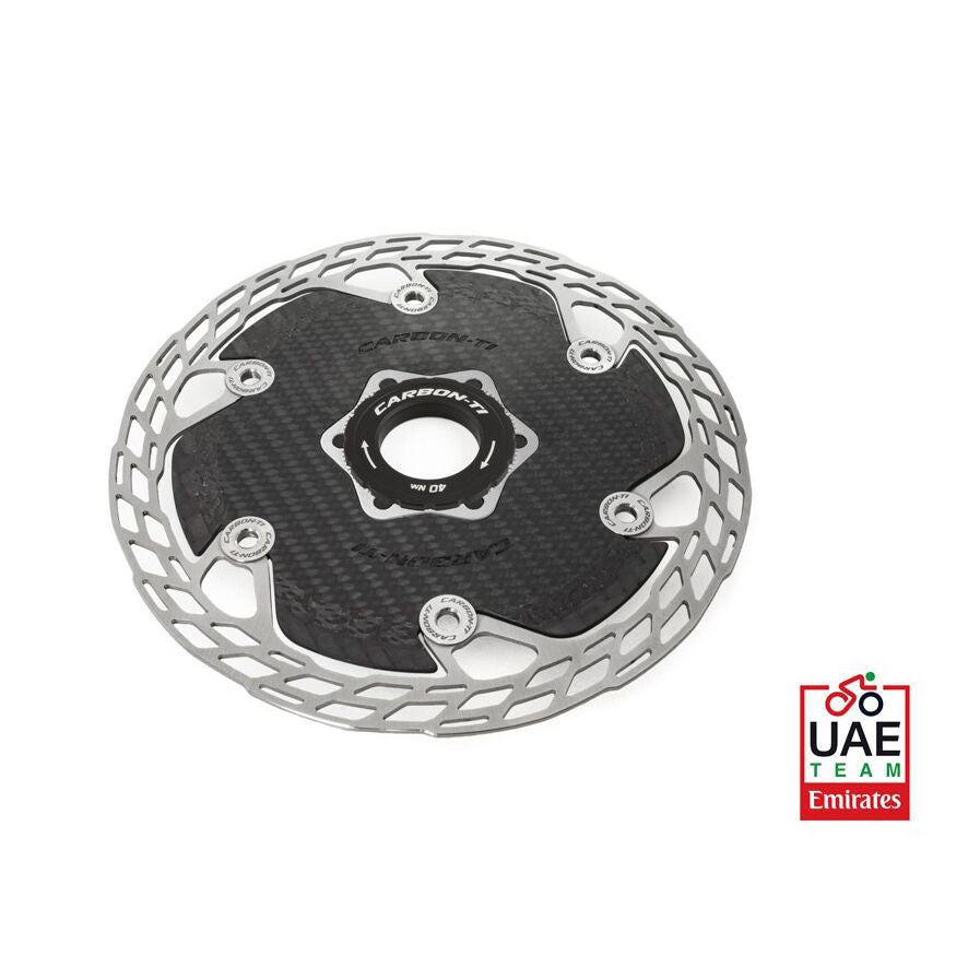 Disc brake rotor with UAE Team Emirates logo on a white background