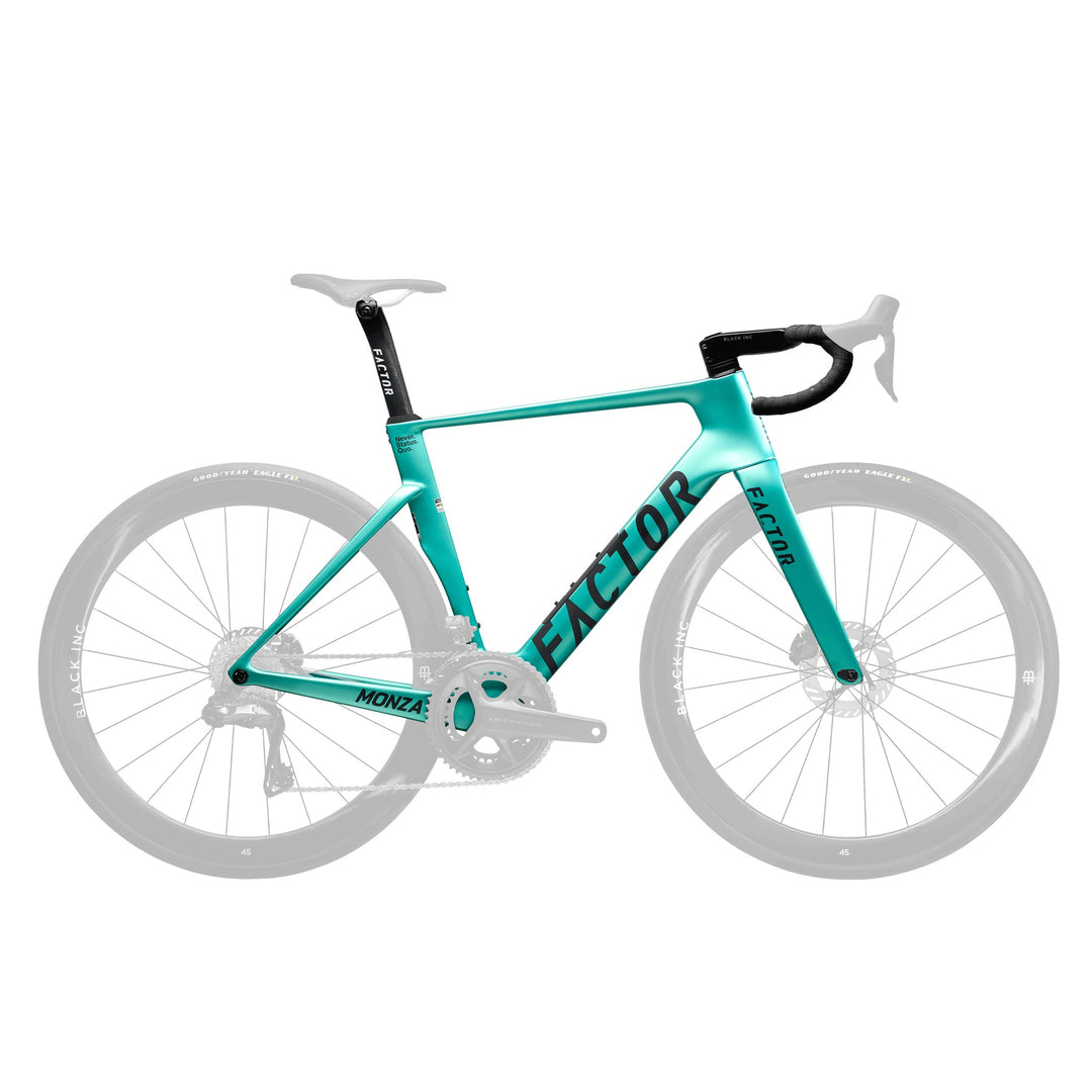 Factor MONZA frameset in Steel Green, studio photo