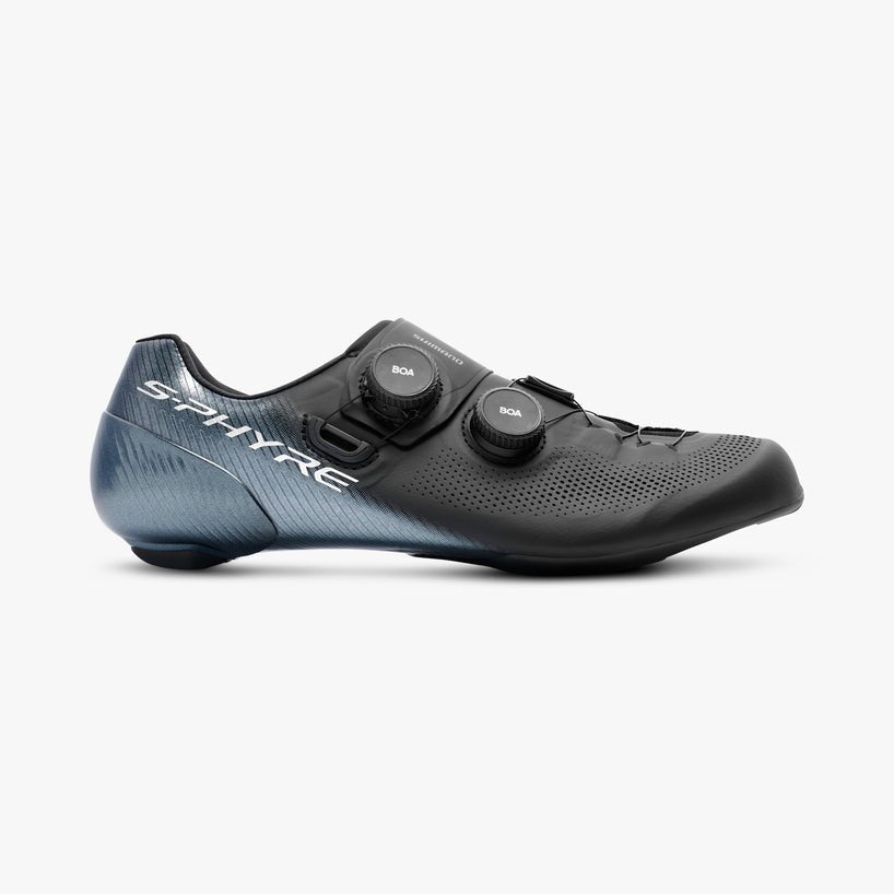 Black cycling shoe with 'S-Phyre' branding on a white background