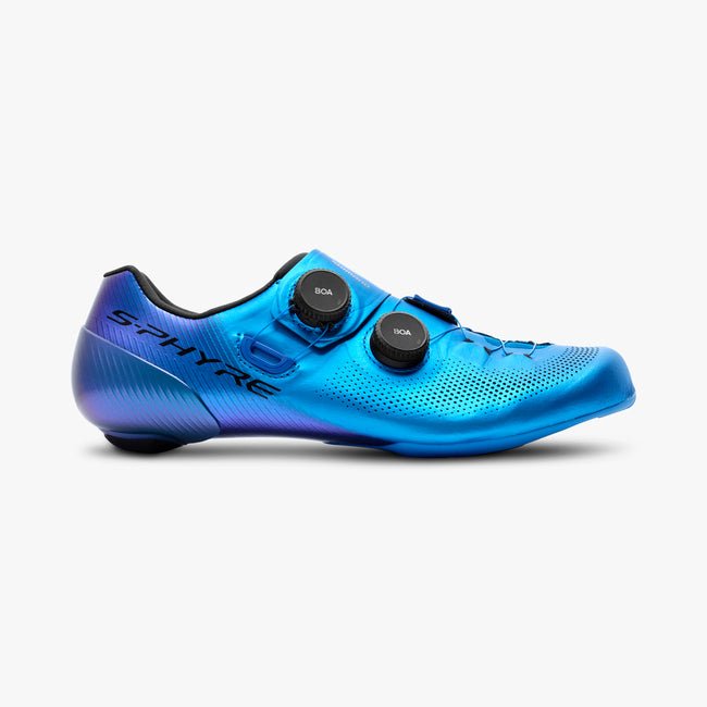 Blue cycling shoe with S-Phyre branding on a white background
