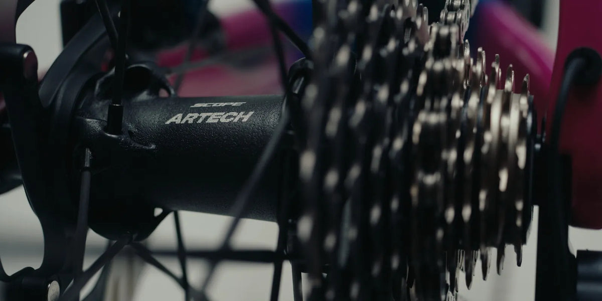 Scope Artech hub and Shimano cassette on the stand at Dragonspine Cycling, Chicago