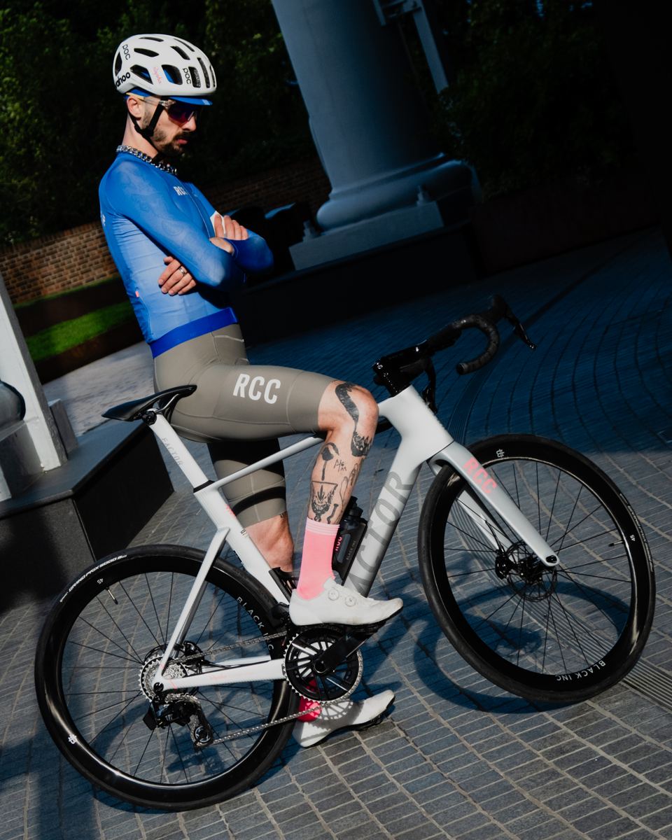 RCC rider seated on a Factor Rapha Edition bike