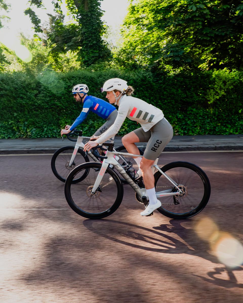 Two RCC riders in Rapha kit on Factor Rapha Edition bikes