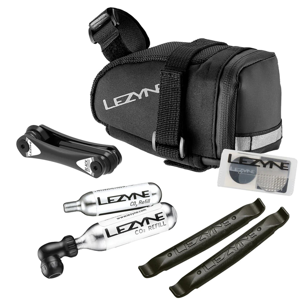Seat Bag Lezyne Lezyne M-Caddy Seat Bag Twin Speed Drive 16g CO2 Rap6 Tool SmartKit Composite Matrix Tire Levers BLK Dark Slate Gray
