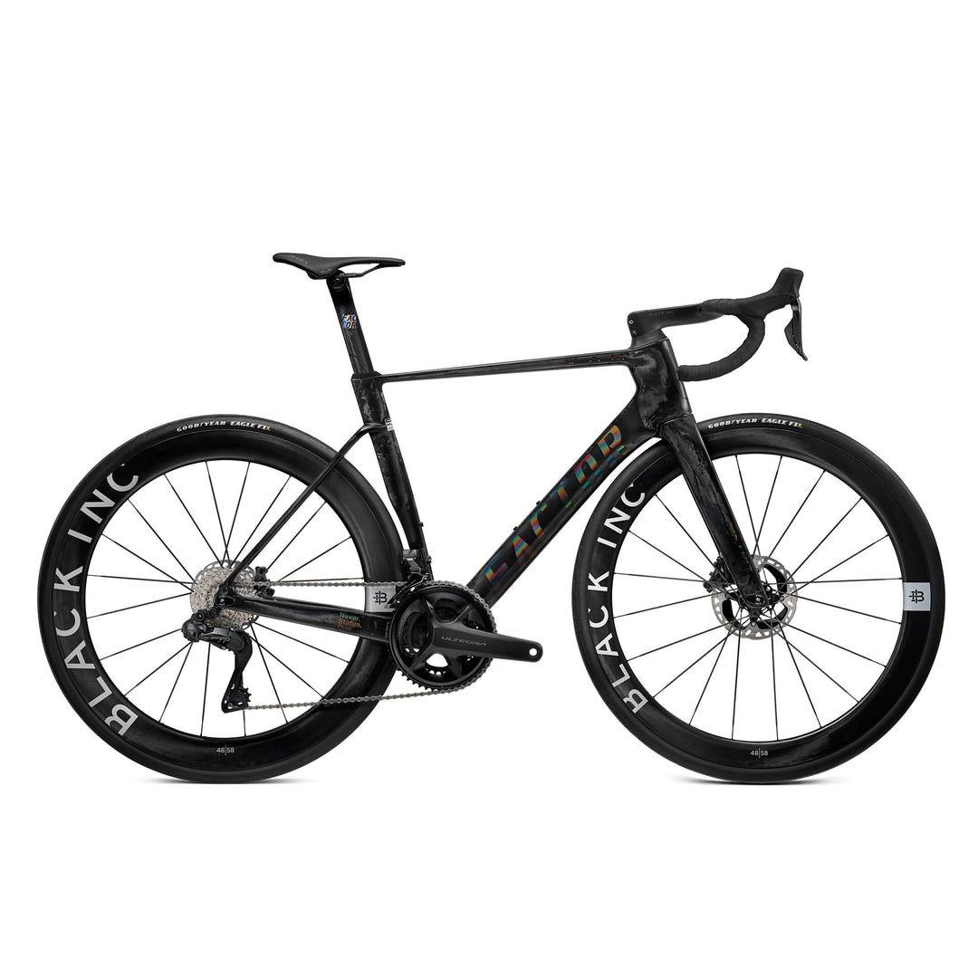 Factor OSTRO VAM in Black, Shimano Ultegra, Black Inc 48|58 silver wheels, studio photo