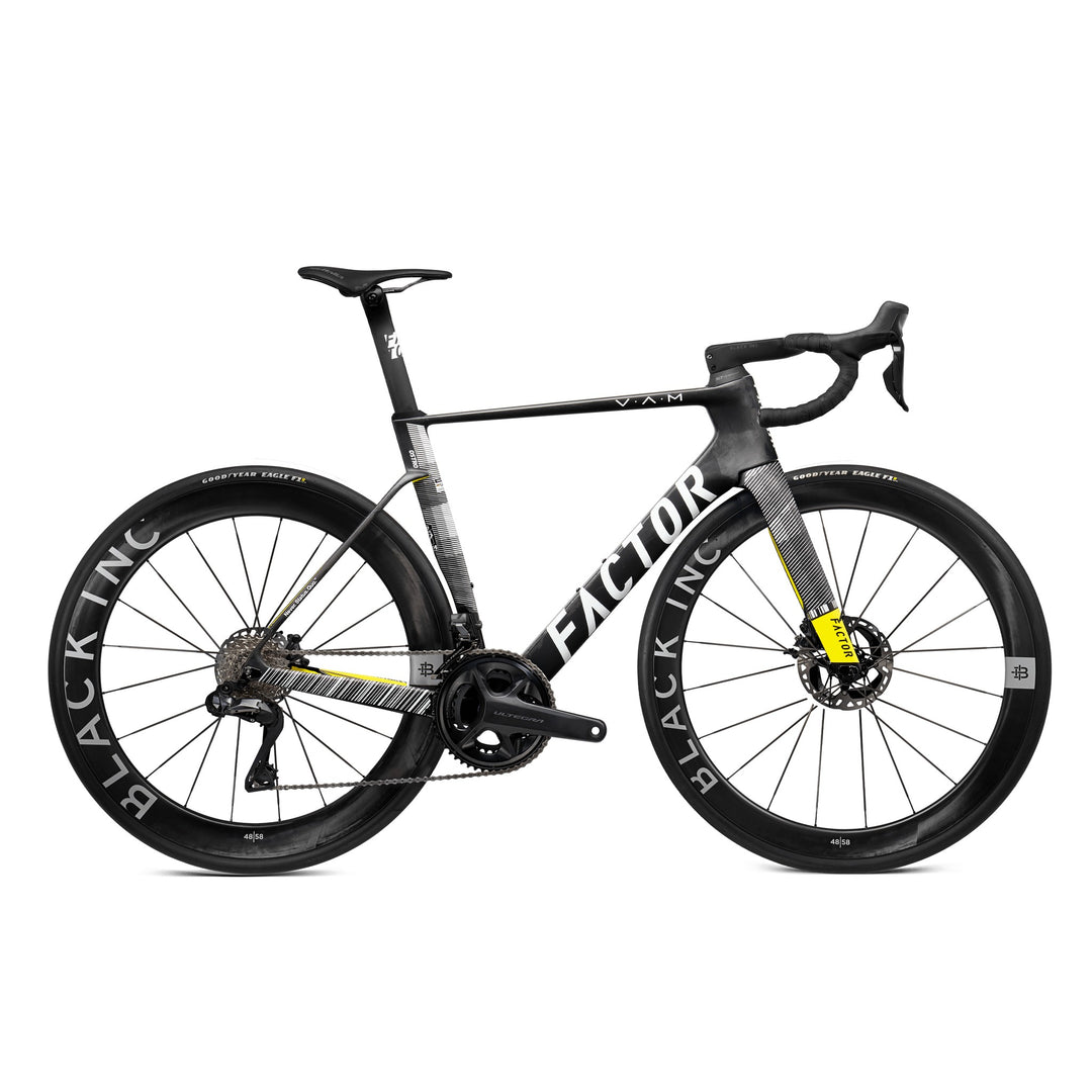Factor OSTRO VAM in Geometric, Shimano Ultegra, Black Inc 48|58 silver wheels, studio photo