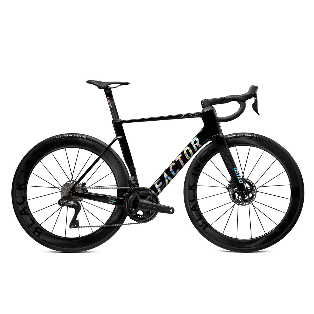 Factor OSTRO VAM in Gloss Chrome, Shimano Ultegra, Black Inc 48|58 black wheels, studio photo